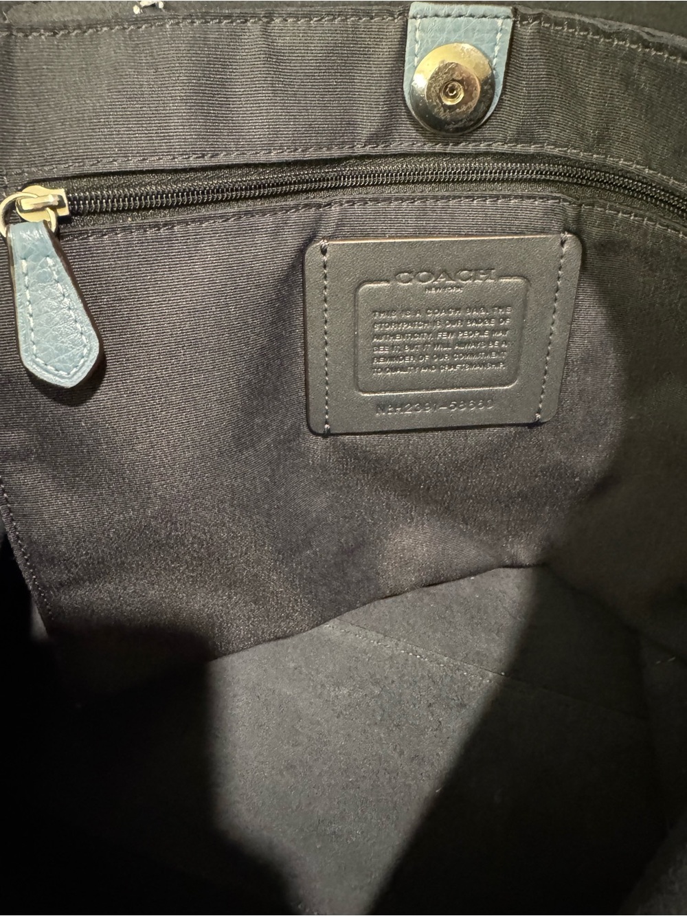 Coach Blue Leather Tote with Navy Striped Handles - Picture 3 of 16